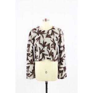 ALC Grey Leaf Print 100% Cashmere Knit Cropped Bell Sleeve Sweater, Size S